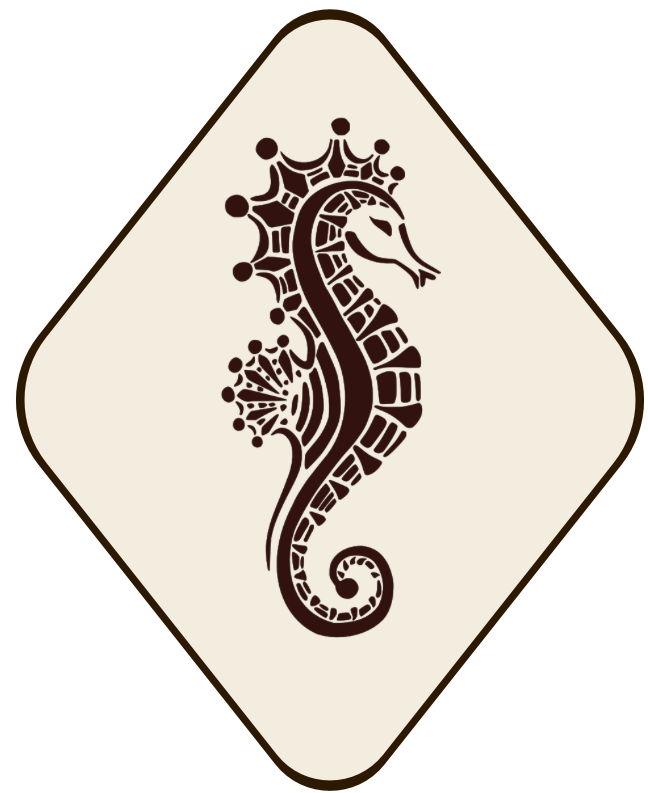 Salt & Soul Logo Diamond-shaped logo with deep burgundy border and central seahorse design in matching colour, set against a pale cream background, evoking a sacred and royal feel.